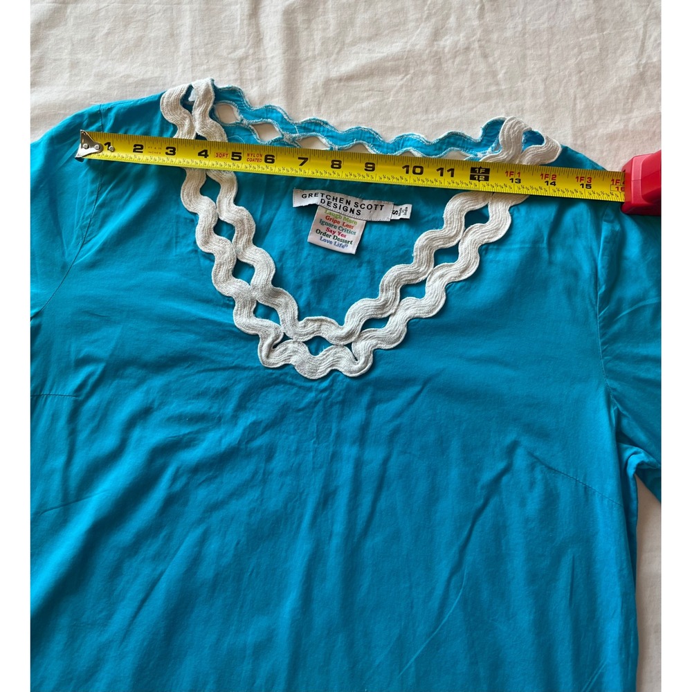 Gretchen Scott Designs Turquoise Blue Crochet Trim V Neck Tunic Top S‎ - Picture 4 of 8